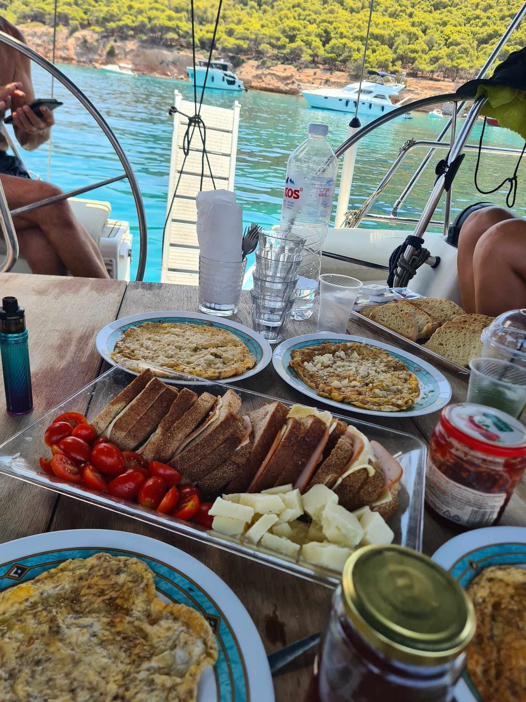 A meal laid out on deck