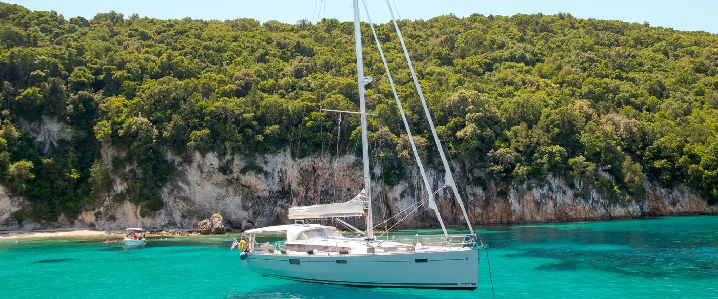 The boat at anchor in clear water